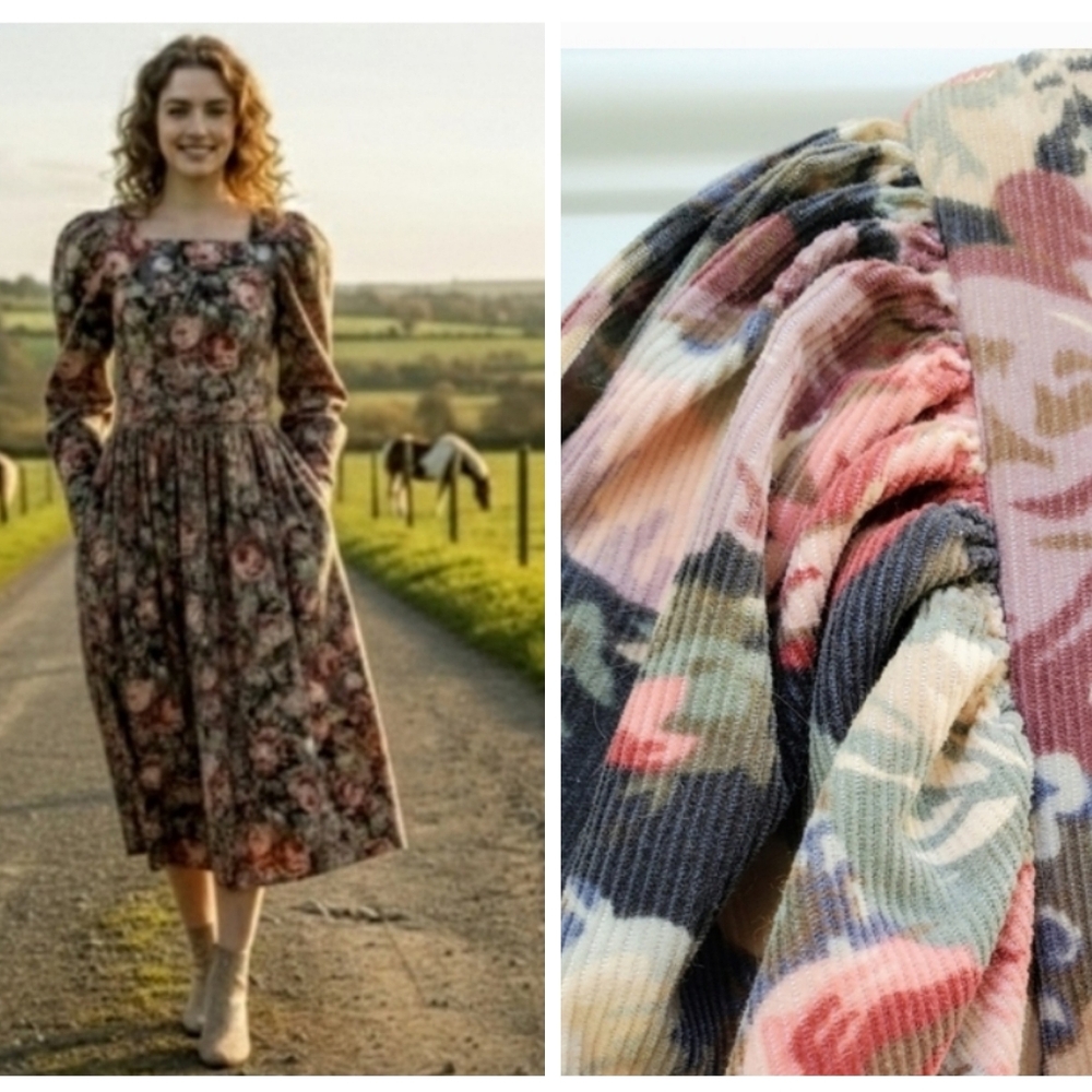 LAURA ASHLEY Vintage 90s Pinwale Cotton Corduroy Dress with Matching Sash